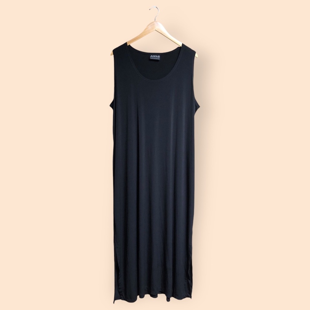 Vintage 90s AHNI Black Stretch Maxi Dress Sleeveless Shirt Dress Comfort Women 4